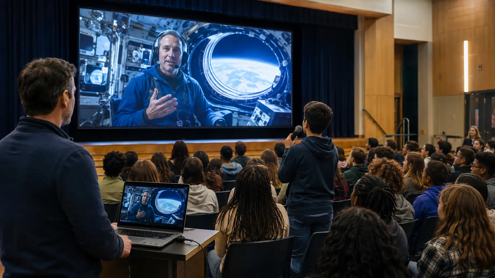 A student at a microphone asks a question during a school auditorium session while a remote guest speaker appears on the large screen from inside a spacecraft module