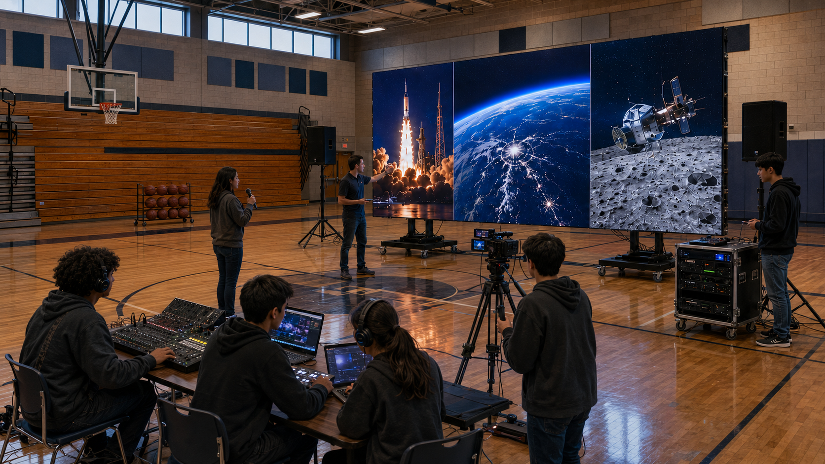 A large three-panel LED wall set up in a school gymnasium showing a rocket launch, Earth and a lunar lander while students operate cameras, an audio mixer and a production rack