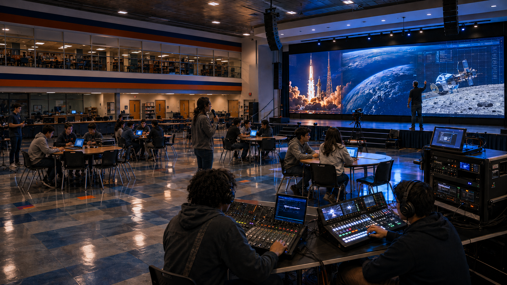 Students seated in a school commons watching a wide LED wall showing a launch, Earth from orbit and a lunar lander while a student crew runs audio and video consoles