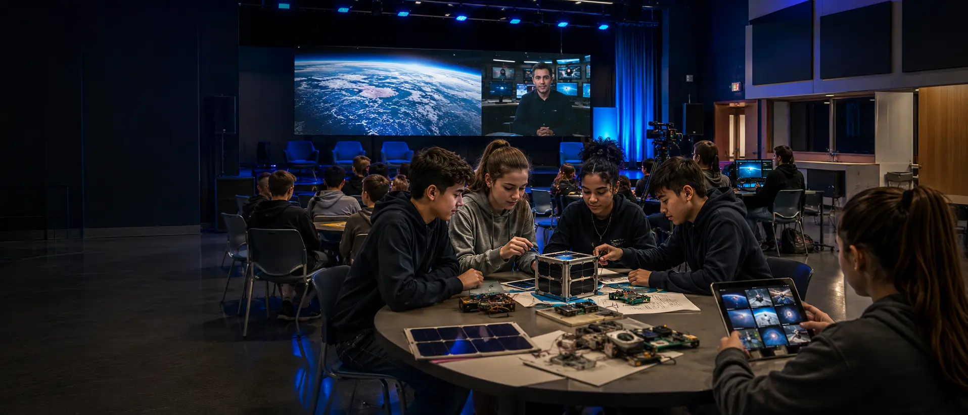 Students assembling a small CubeSat model and electronics kits at a table while a live session plays on the large stage display behind them