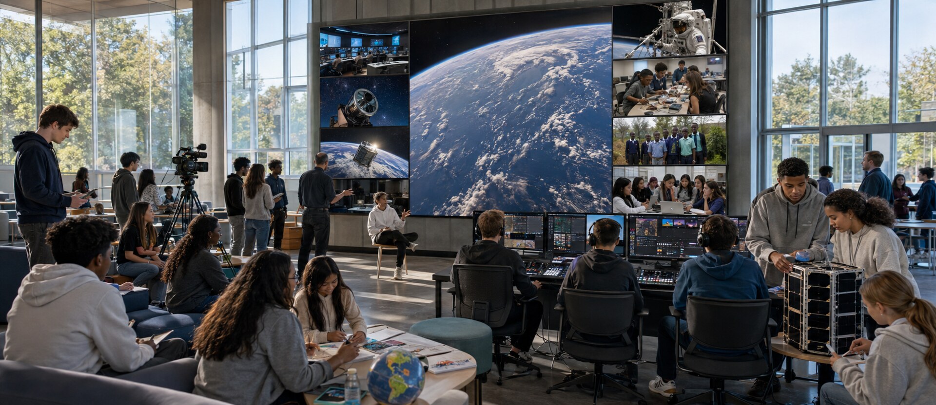 Students in a bright school learning commons working at production consoles and a satellite build table in front of a wall-sized display showing Earth from orbit