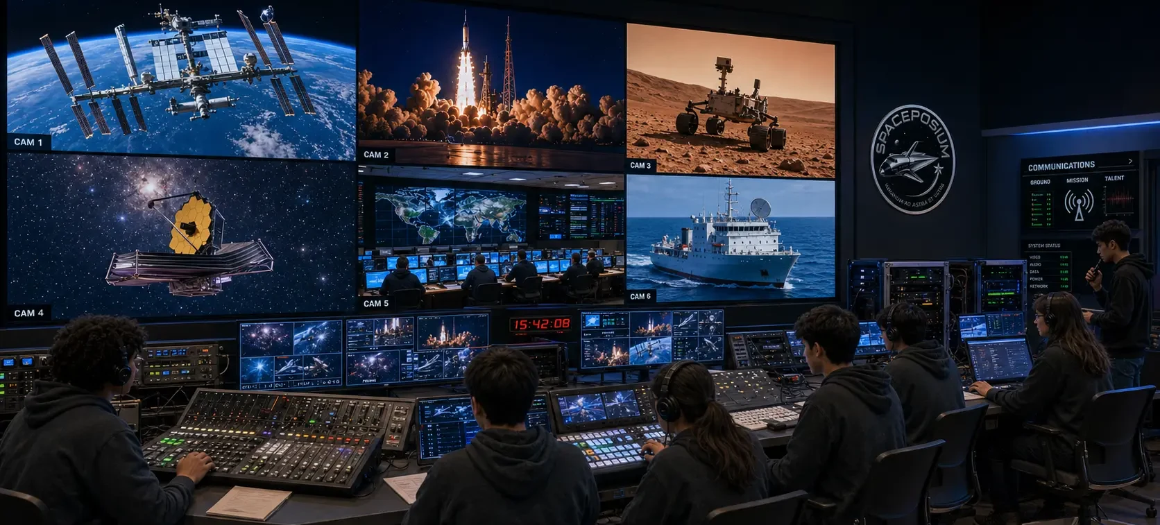 A student crew running audio mixers and production switchers in a multi-feed broadcast control room with space imagery on the monitor wall