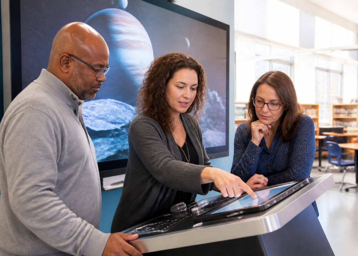 Three educators reviewing settings on an audio-visual control surface in a school media center with a planetary science visualization on the wall display
