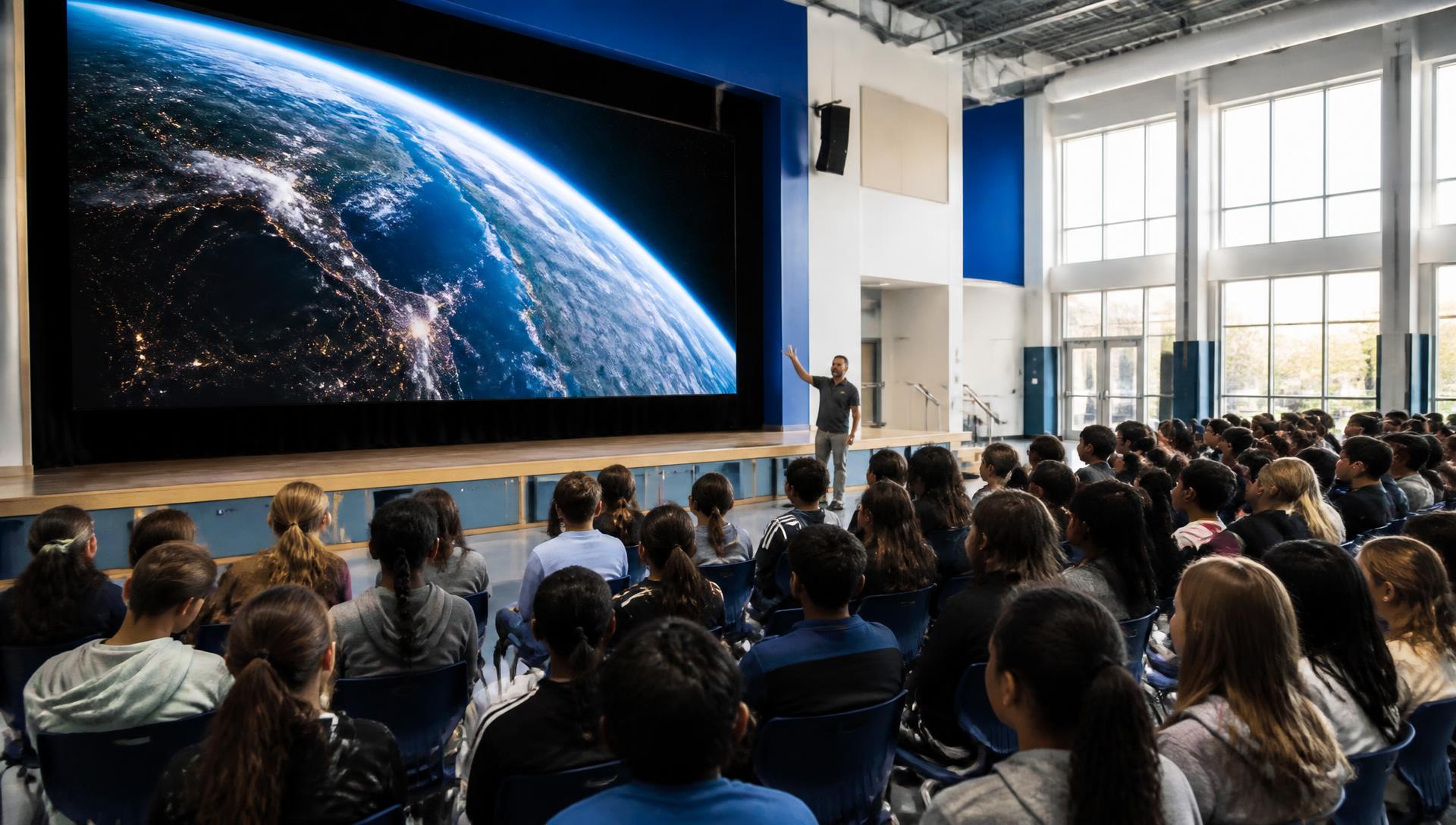 Students and an educator in a school multipurpose space watching a large-format display showing Earth from orbit