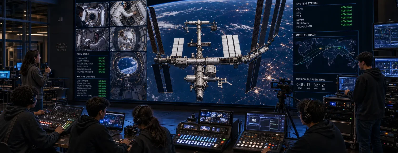 A mission-control-style school installation with a live orbital feed on the main display, telemetry side panels and students operating production consoles