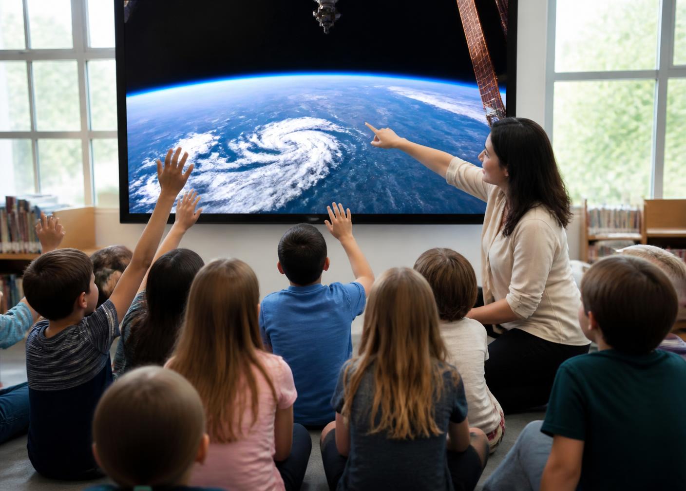 Elementary students raising their hands in front of a wall display showing Earth's horizon while their teacher points at a storm system