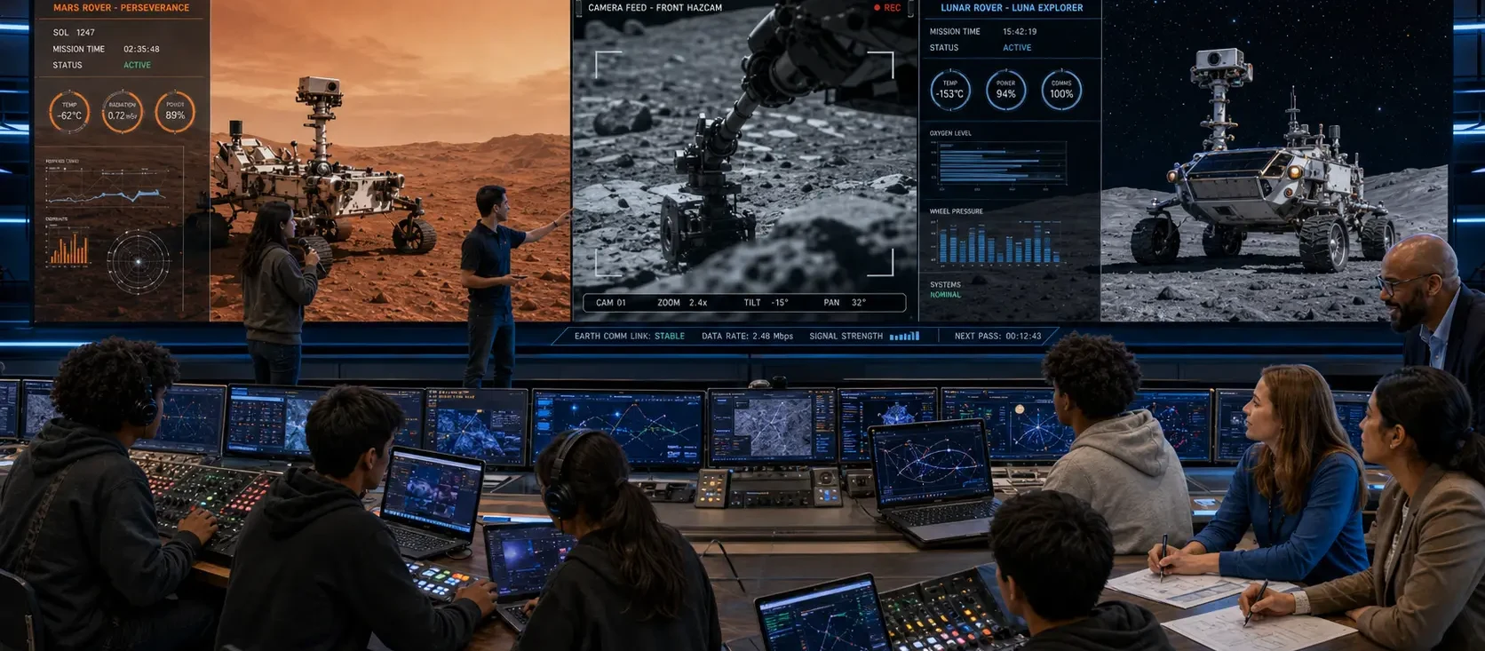 Students and educators at production consoles reviewing rover imagery and telemetry on a large multi-panel mission-control display