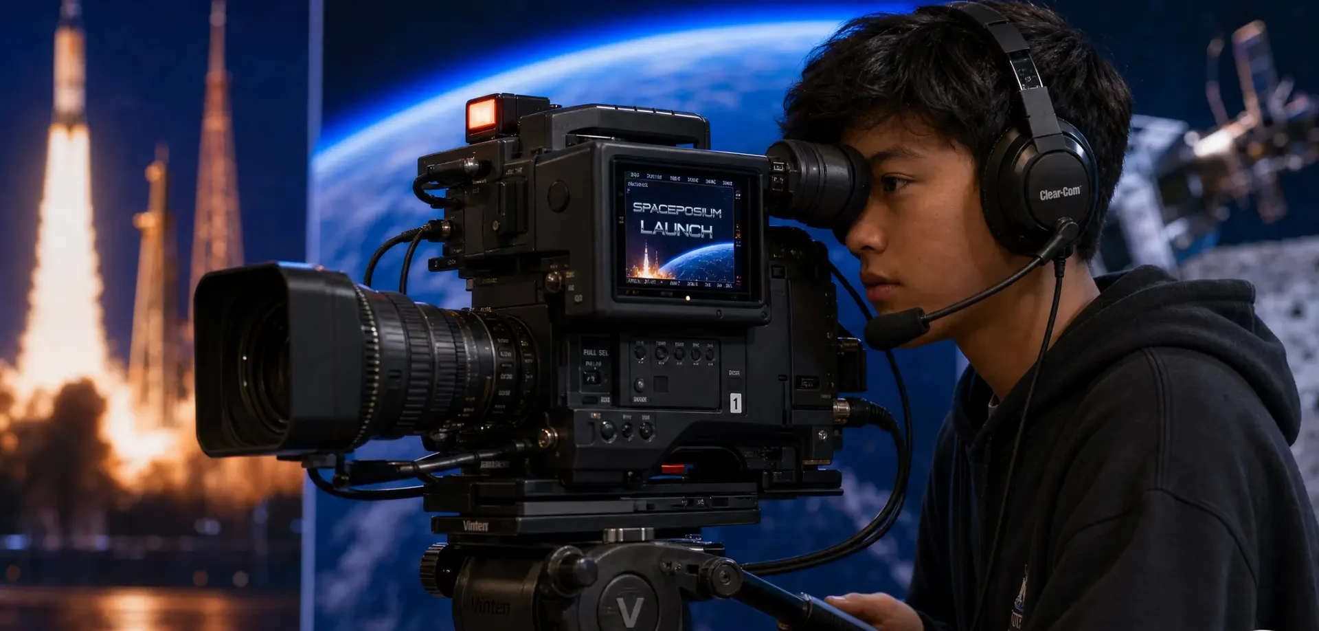 A student wearing a broadcast headset operates a professional production camera during a space-themed live event