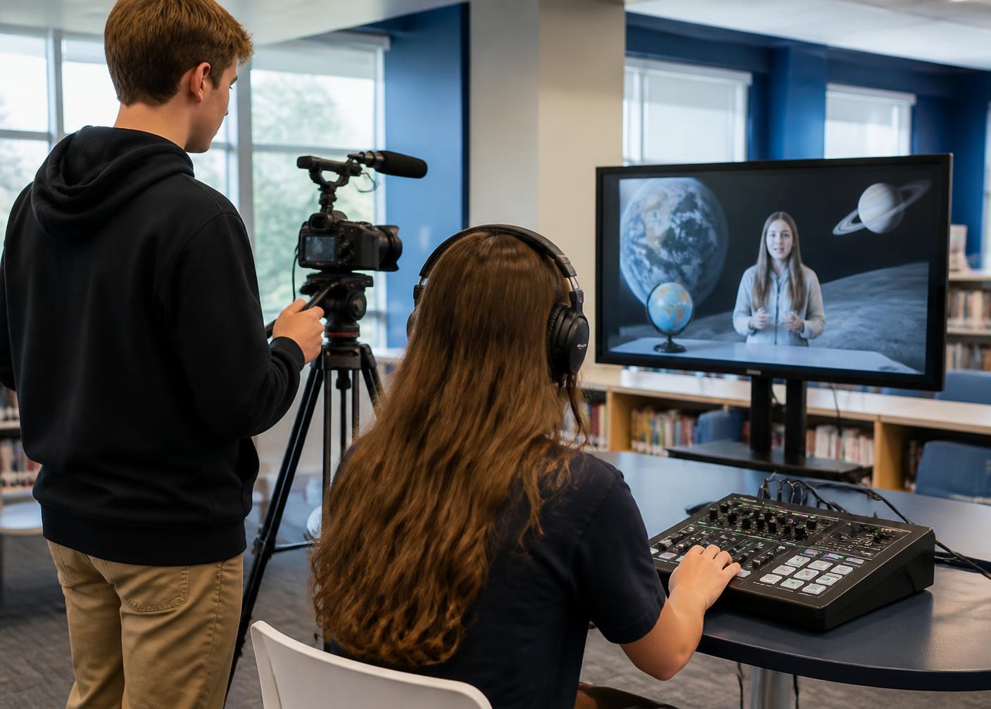 Secondary students operating a camera, video switcher and audio mixer during a live broadcast in a school media space